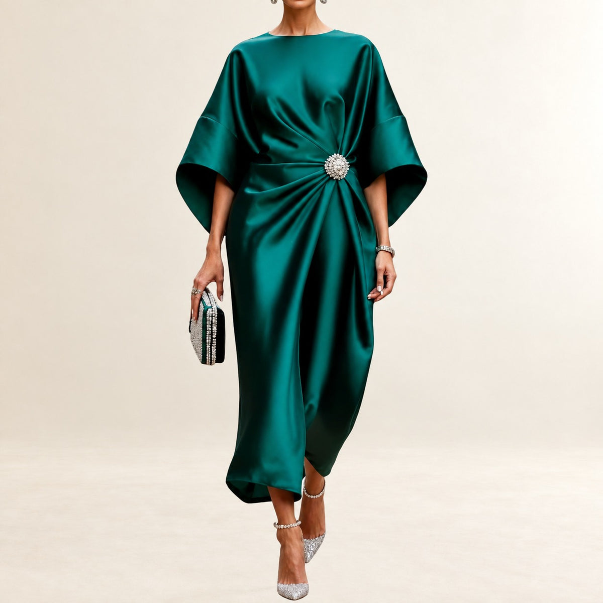 Mujer Vestido midi con cuello barco y mangas kimono amplias