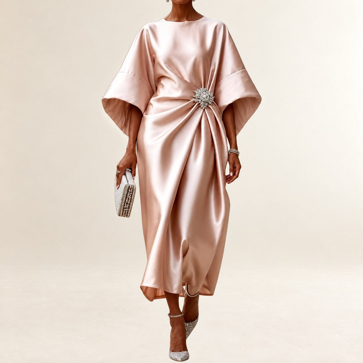 Mujer Vestido midi con cuello barco y mangas kimono amplias