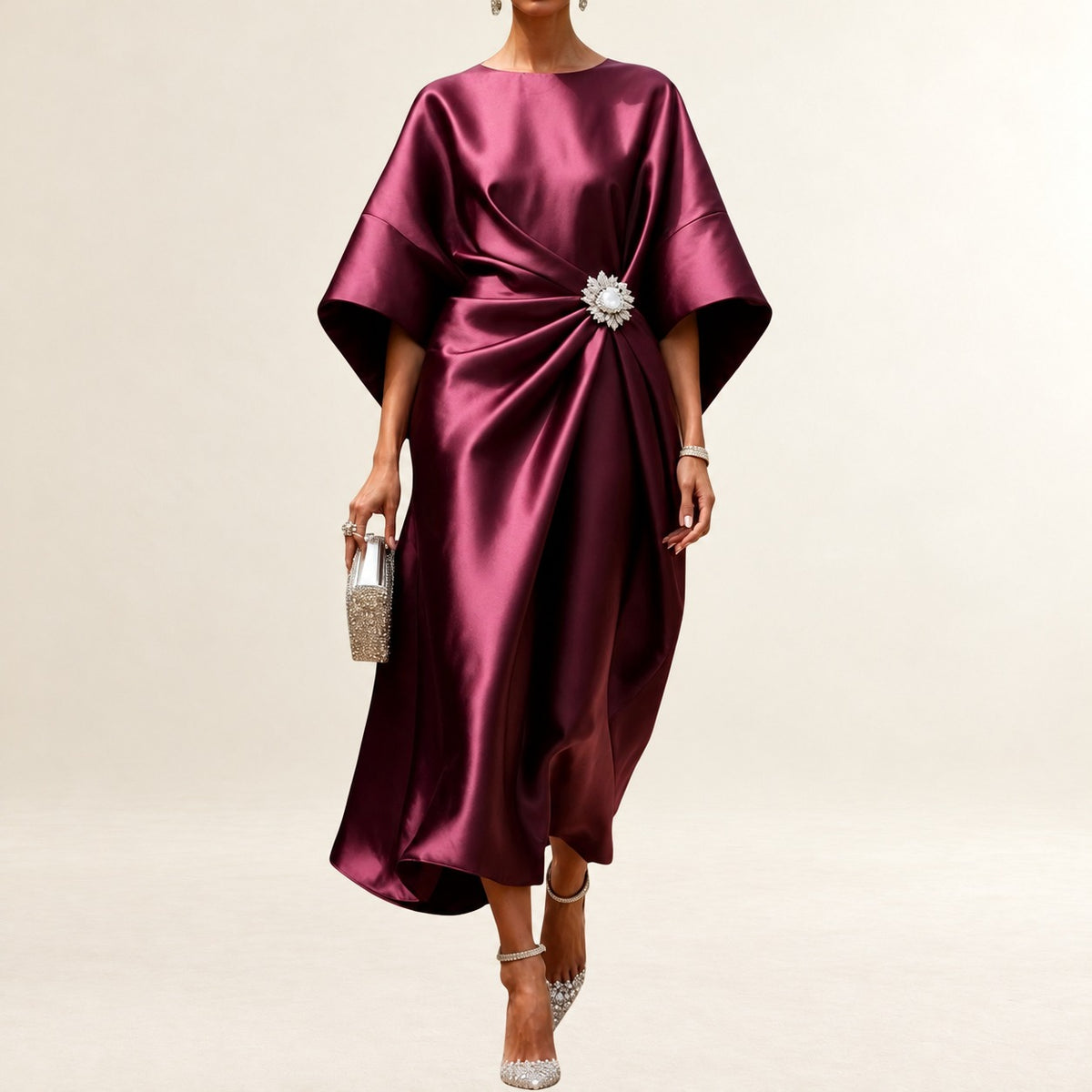 Mujer Vestido midi con cuello barco y mangas kimono amplias