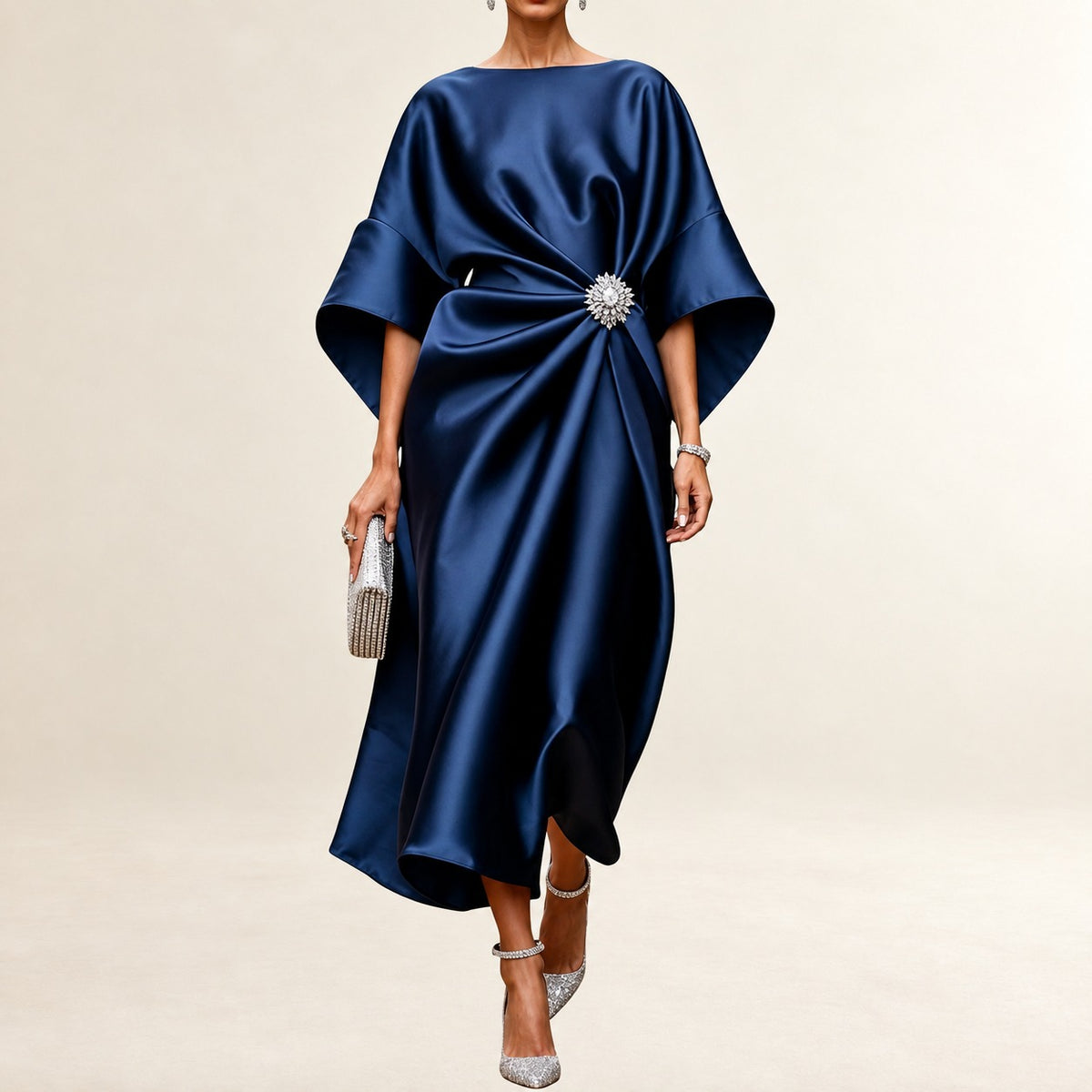Mujer Vestido midi con cuello barco y mangas kimono amplias