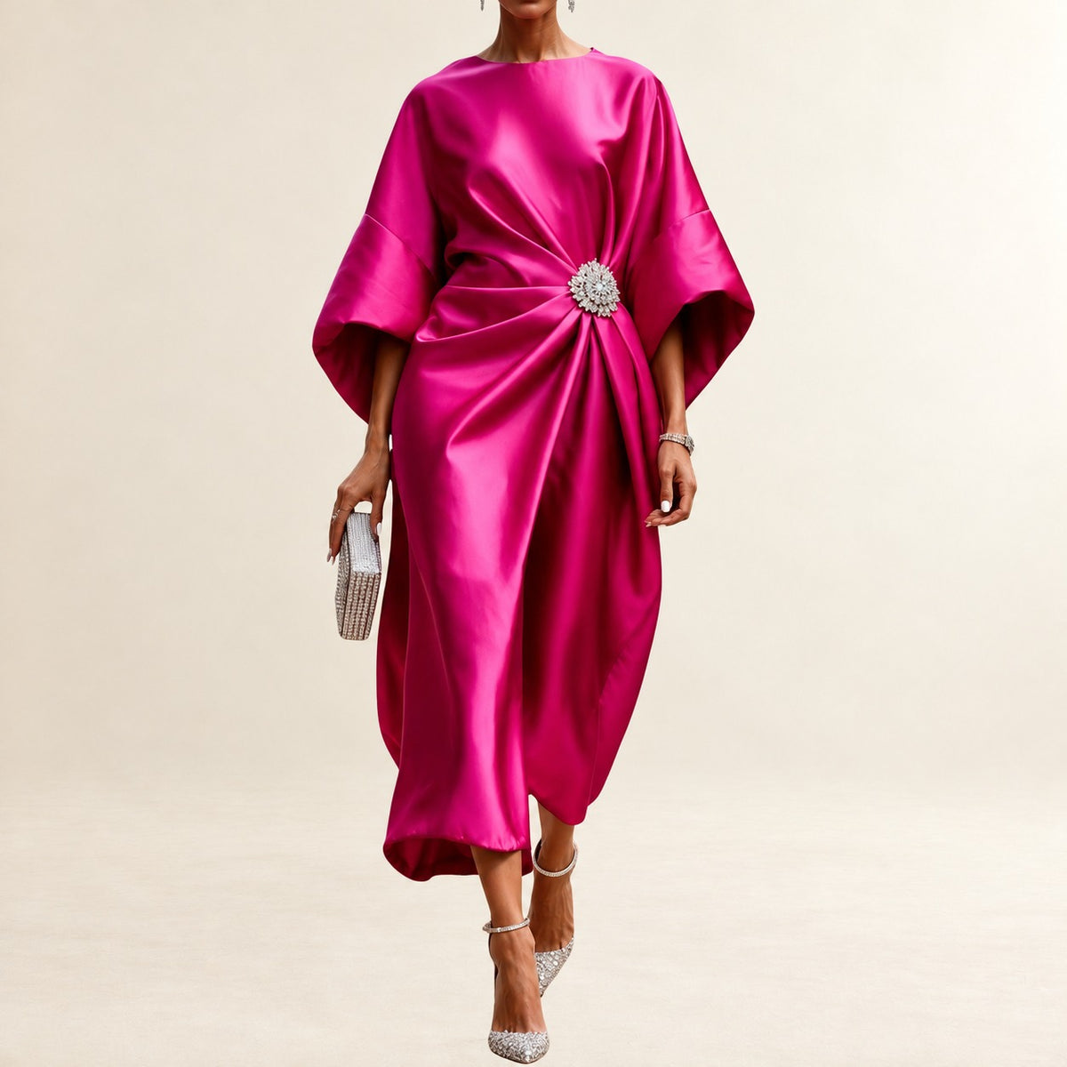 Mujer Vestido midi con cuello barco y mangas kimono amplias