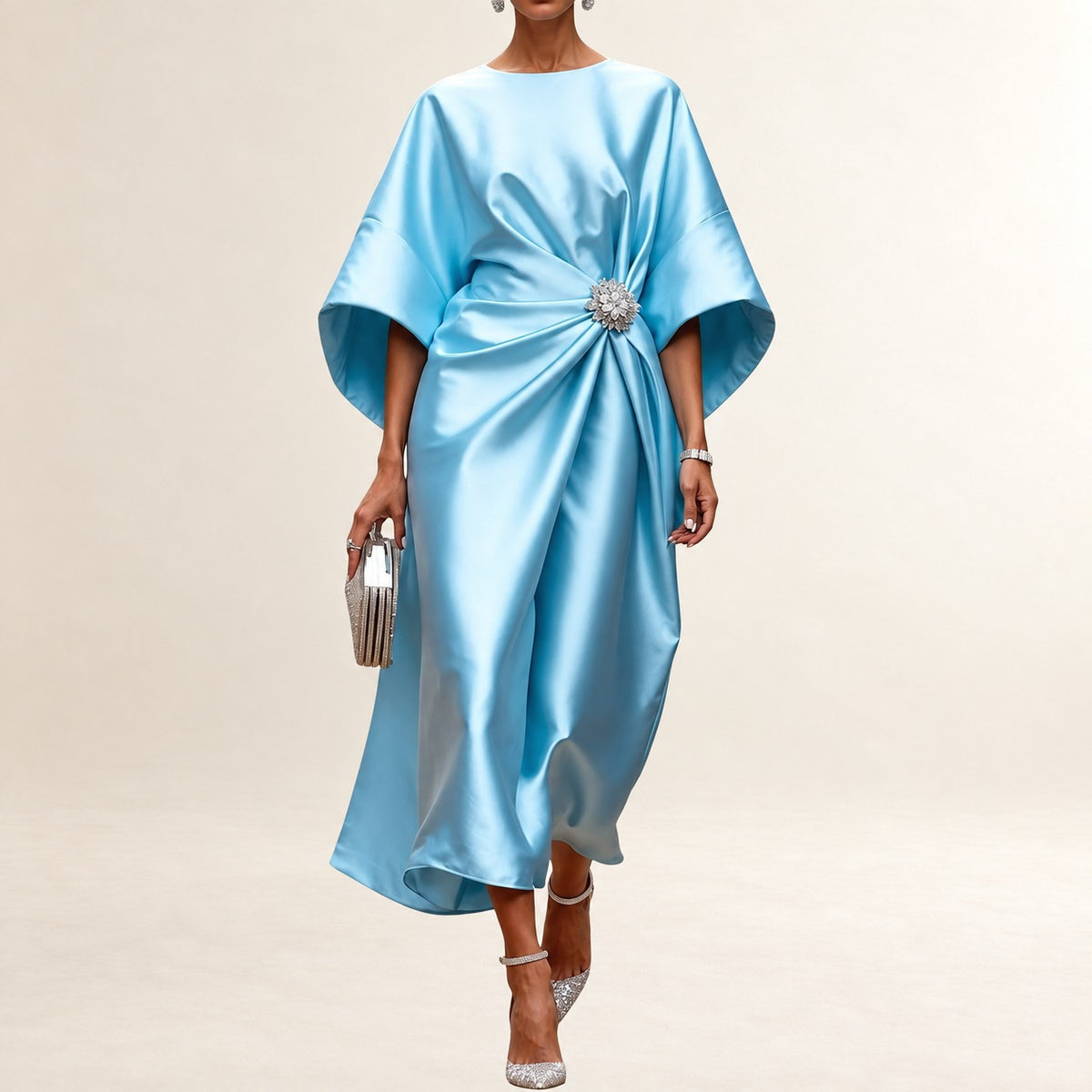 Mujer Vestido midi con cuello barco y mangas kimono amplias