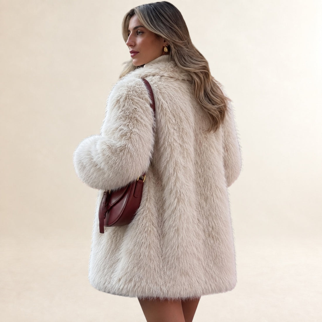Mujeres Teddy Coat Largo Midi con solapa notch y manga larga - silueta relajada