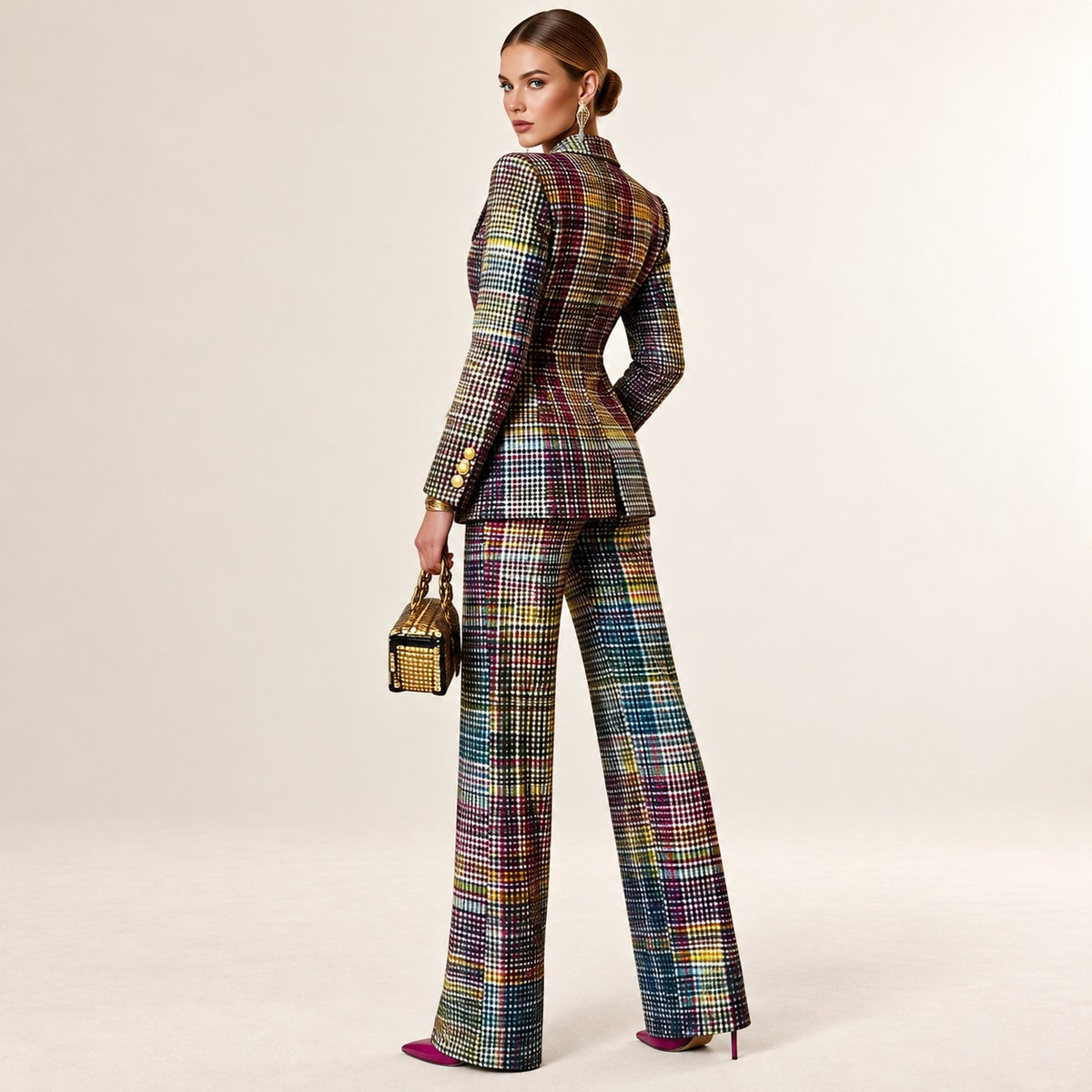 Mujeres traje cuadriculado con doble botonadura y pantalón recto – blazer entallado y tiro ancho