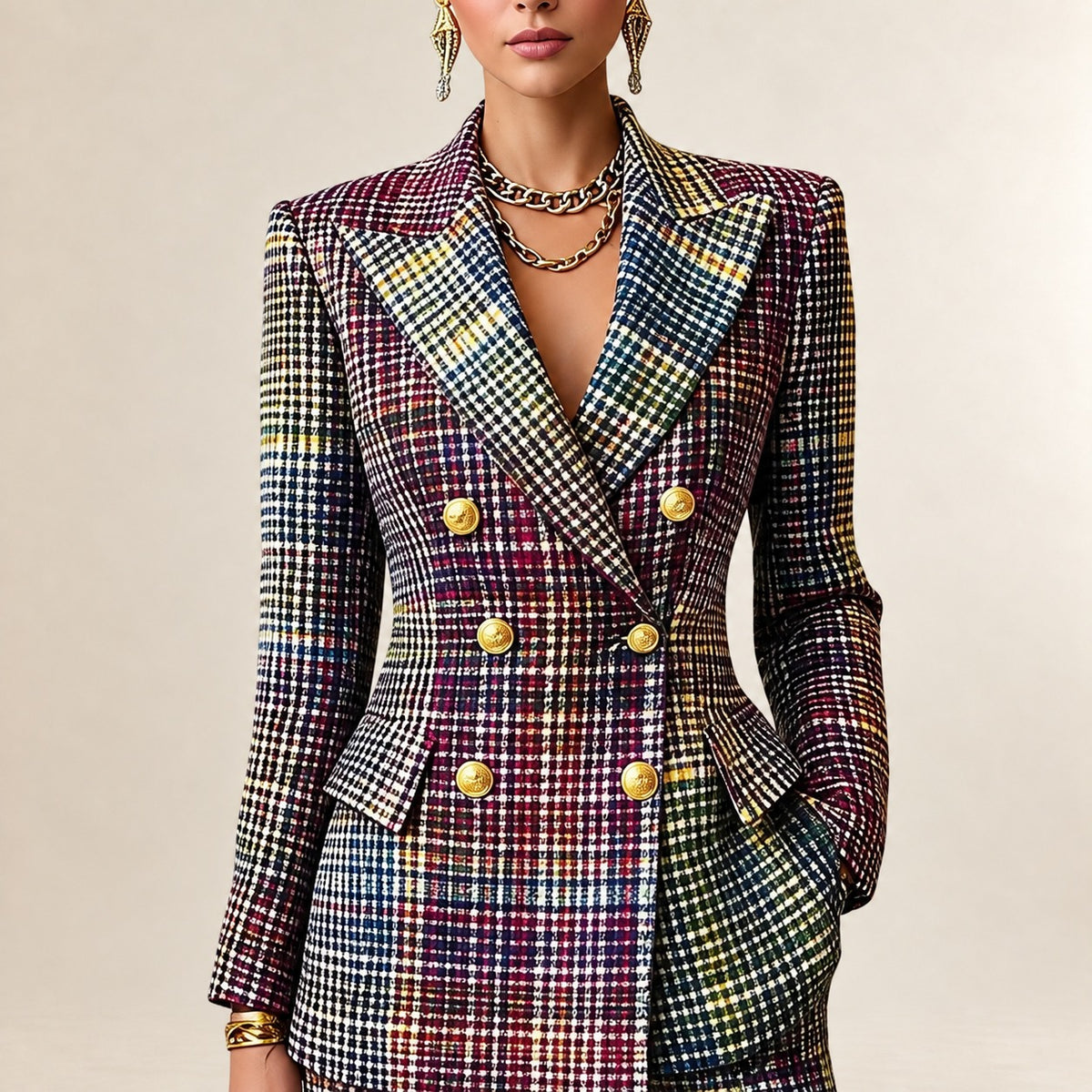 Mujeres traje cuadriculado con doble botonadura y pantalón recto – blazer entallado y tiro ancho