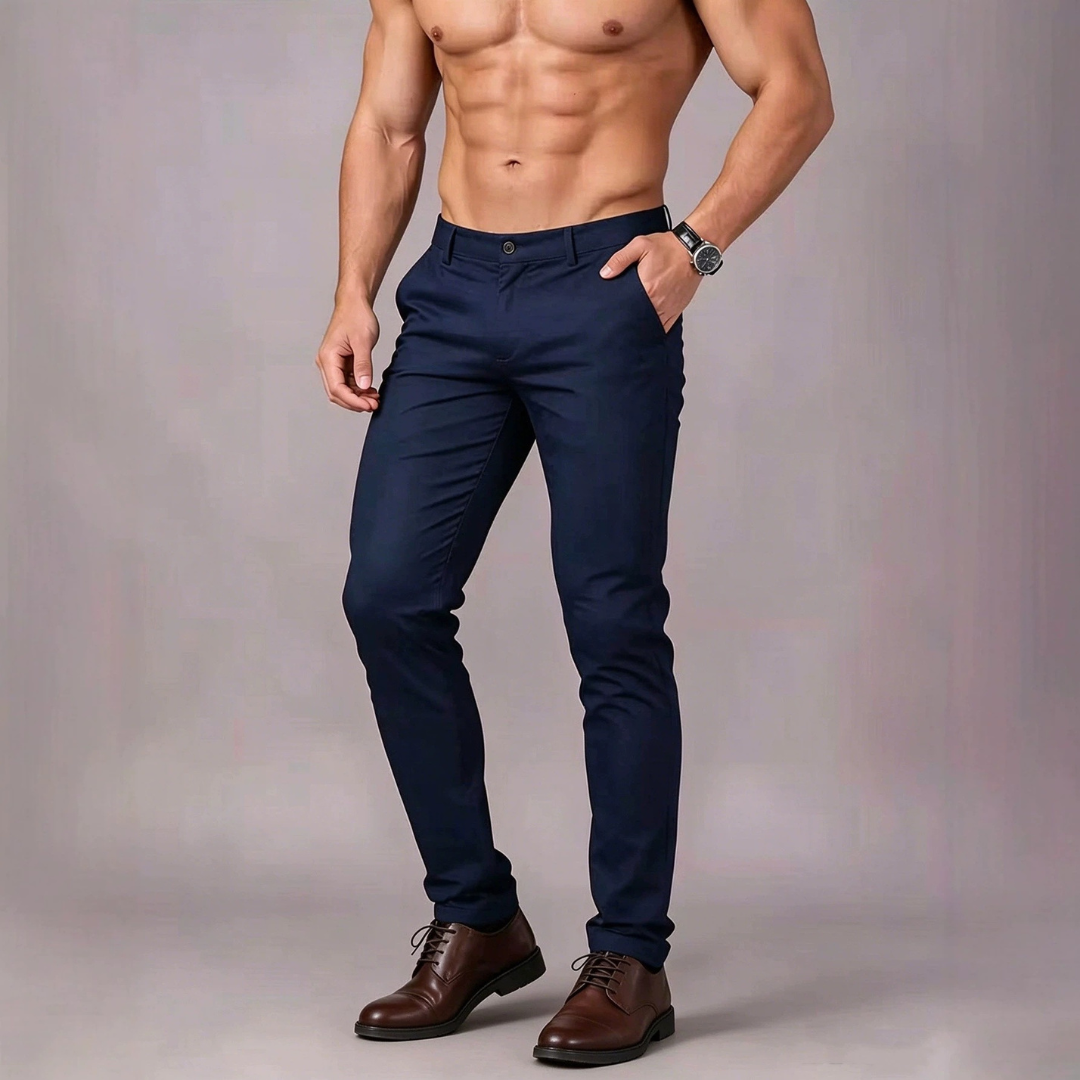 Pantalón elástico para hombre — tiro medio, pierna recta estrecha, pretina plana