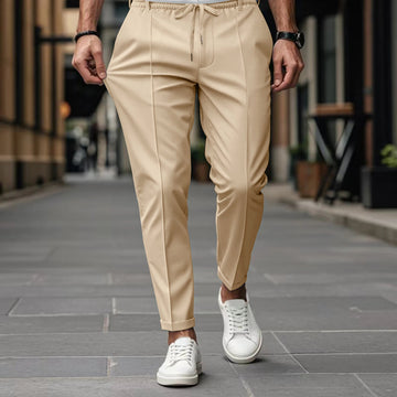 Pantalón para hombre con cintura elástica y cordón, pliegue delantero y corte estrecho