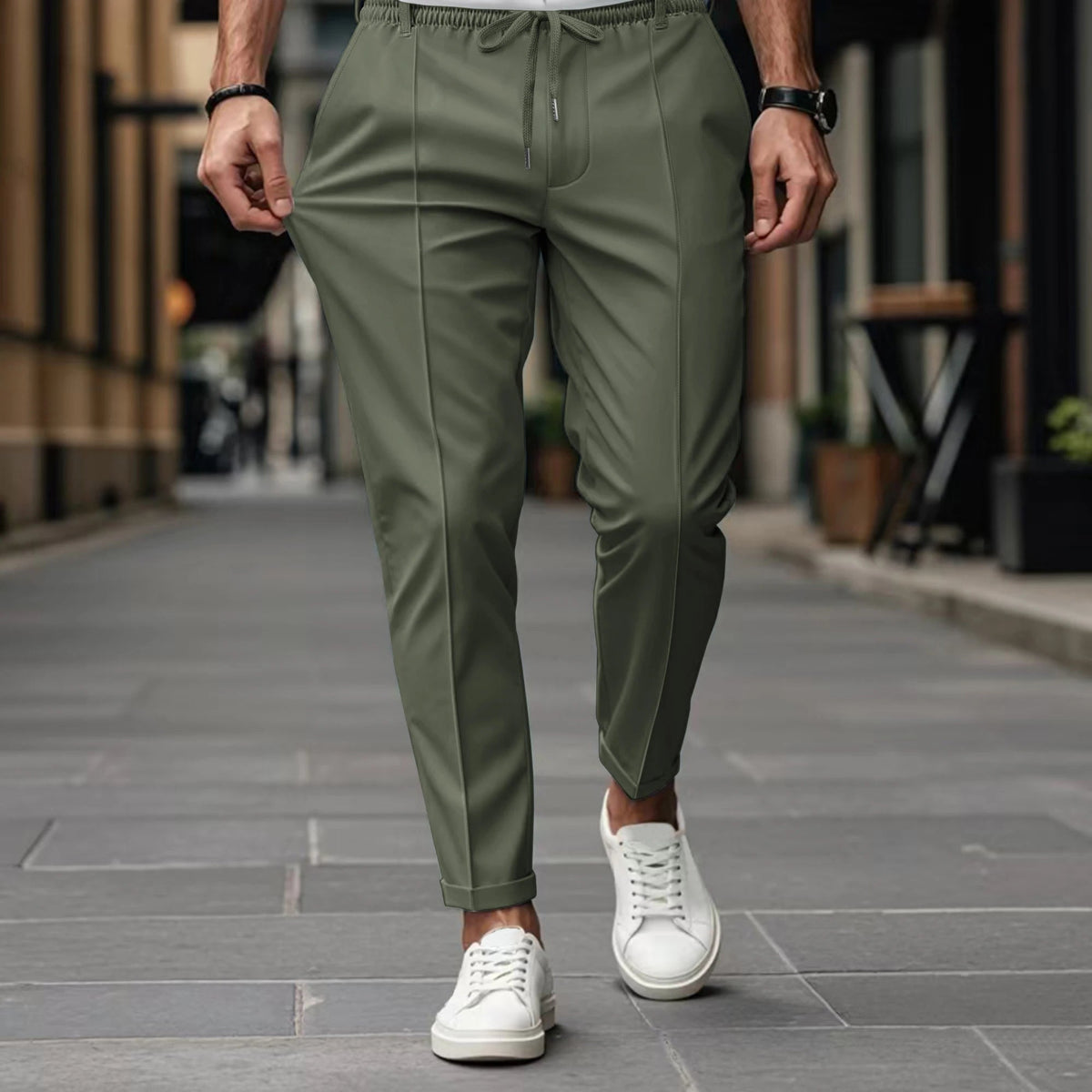 Pantalón para hombre con cintura elástica y cordón, pliegue delantero y corte estrecho
