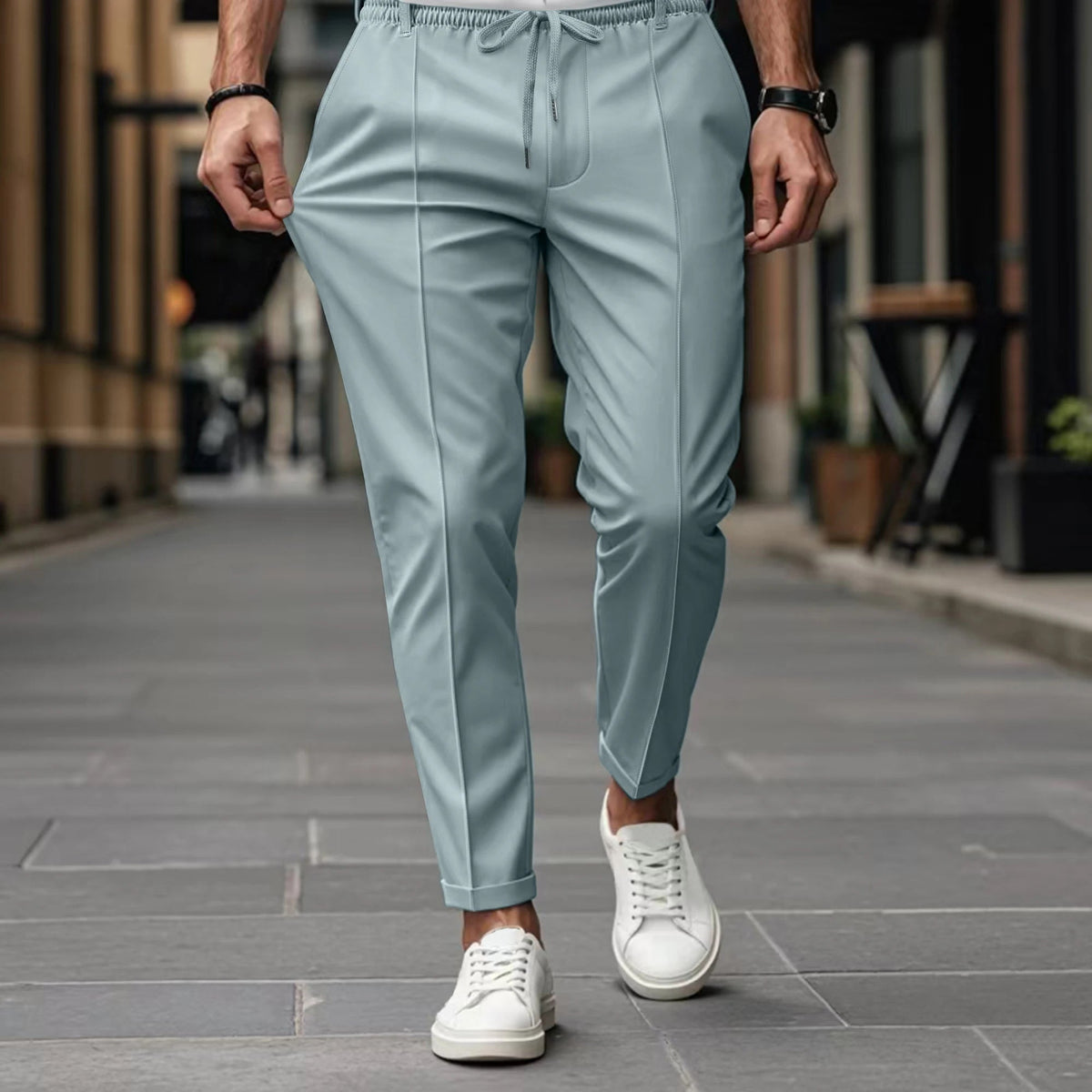 Pantalón para hombre con cintura elástica y cordón, pliegue delantero y corte estrecho