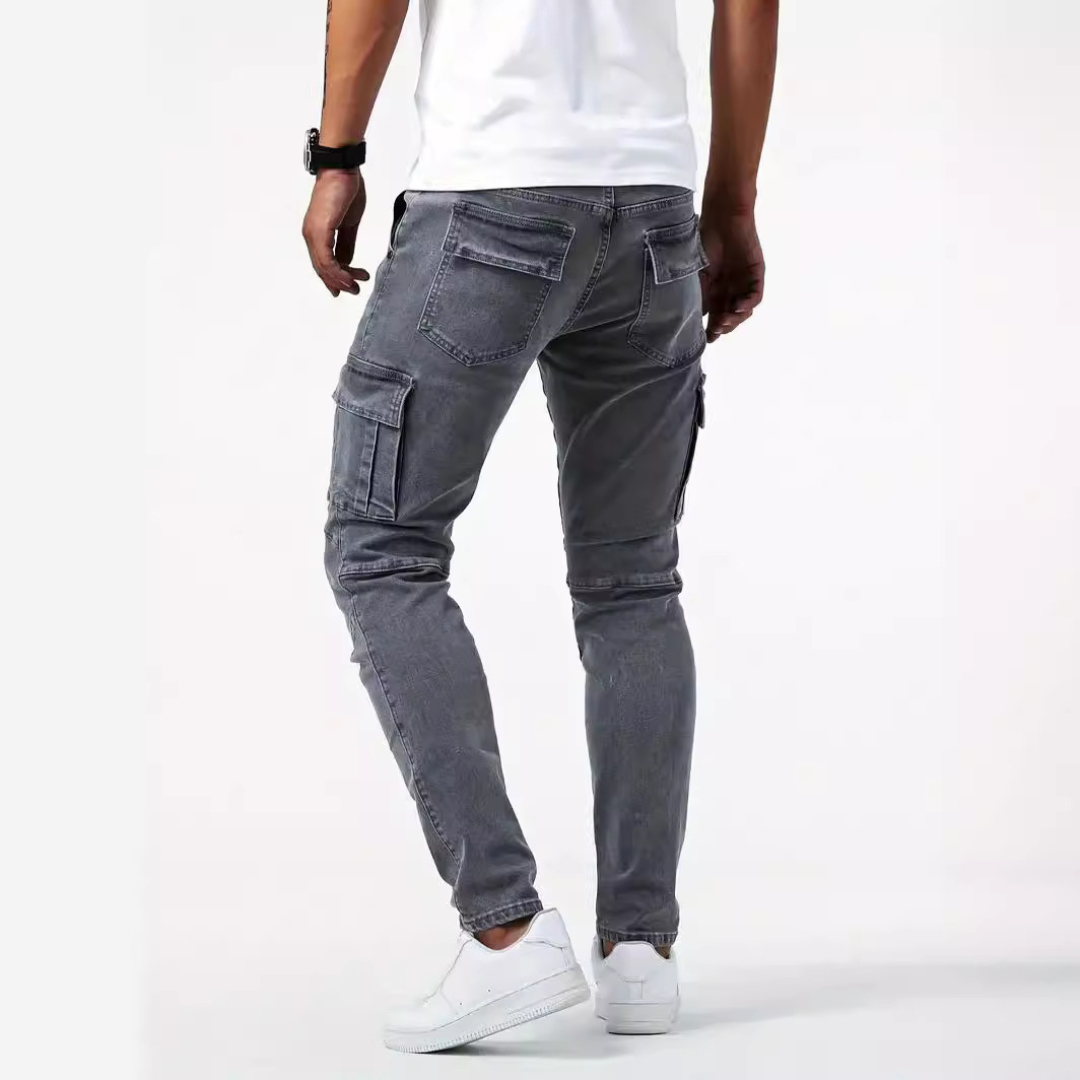 Pantalón vaquero cargo para hombre — tiro medio, ajuste slim