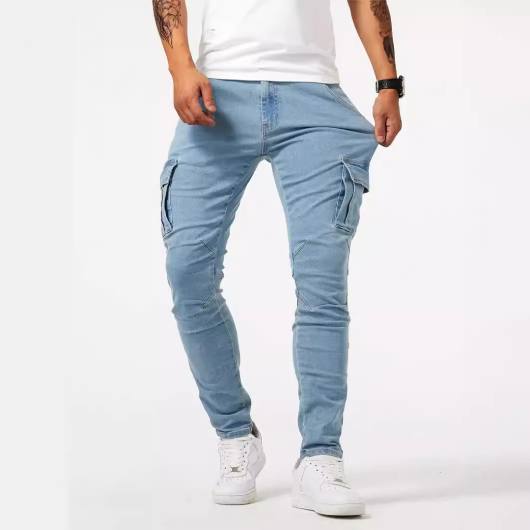 Pantalón vaquero cargo para hombre — tiro medio, ajuste slim