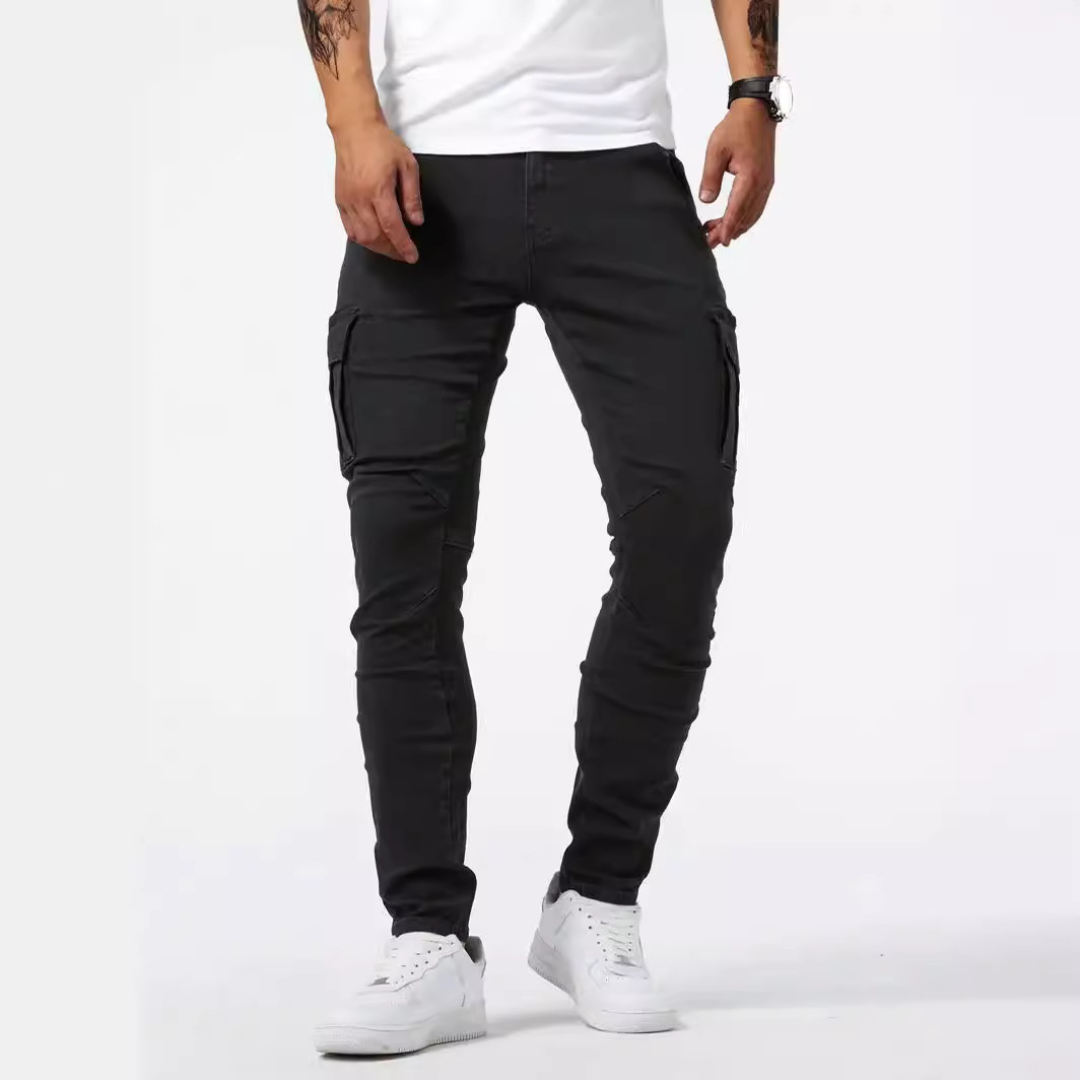 Pantalón vaquero cargo para hombre — tiro medio, ajuste slim