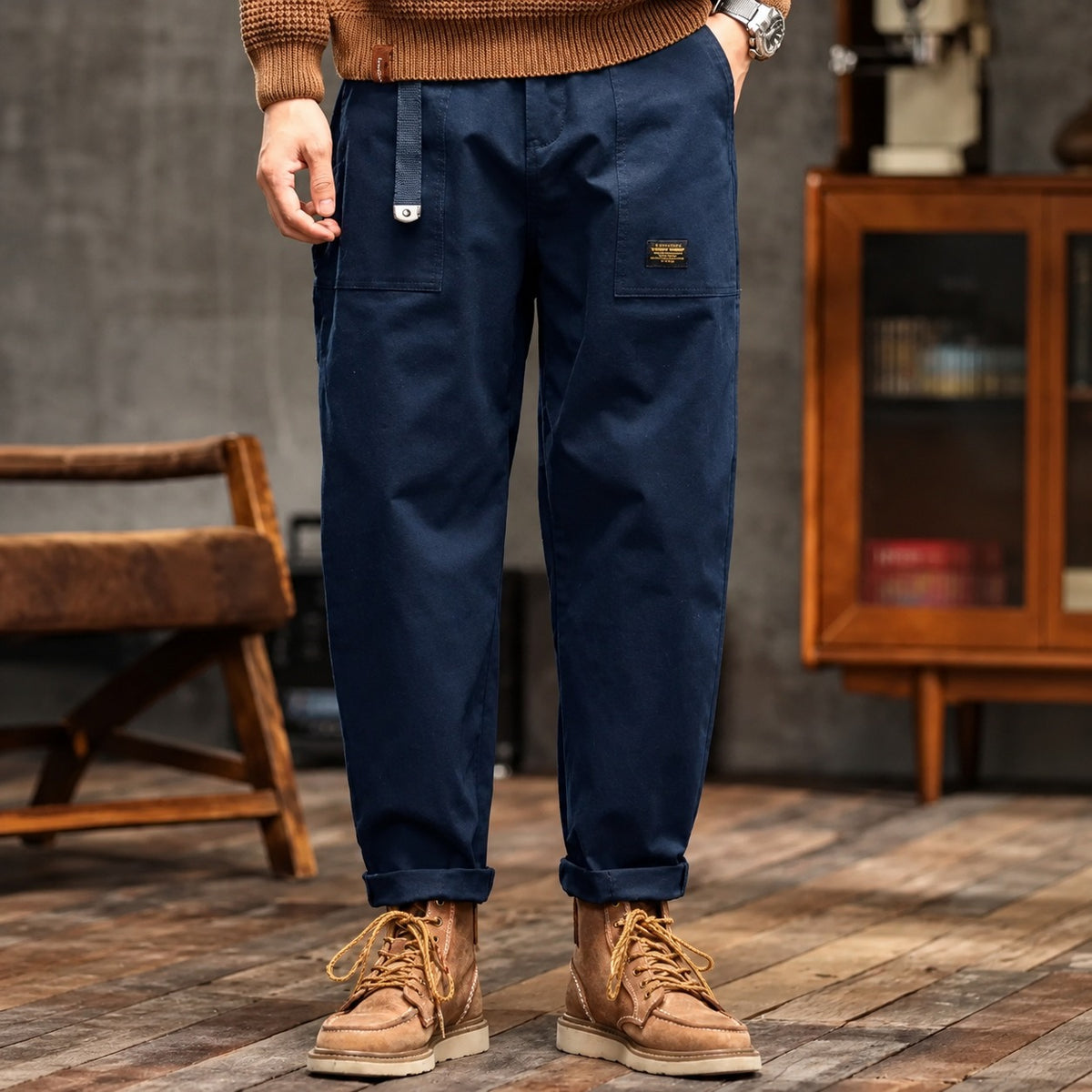 Pantalones cargo para hombre con bolsillos laterales de corte recto y ajuste relajado