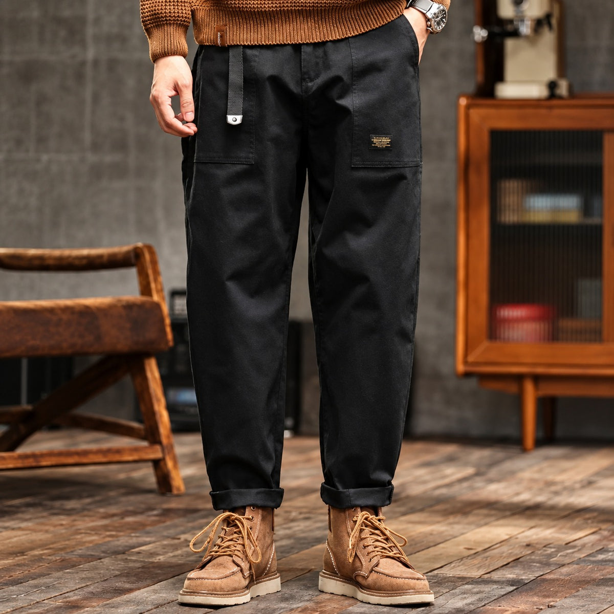 Pantalones cargo para hombre con bolsillos laterales de corte recto y ajuste relajado
