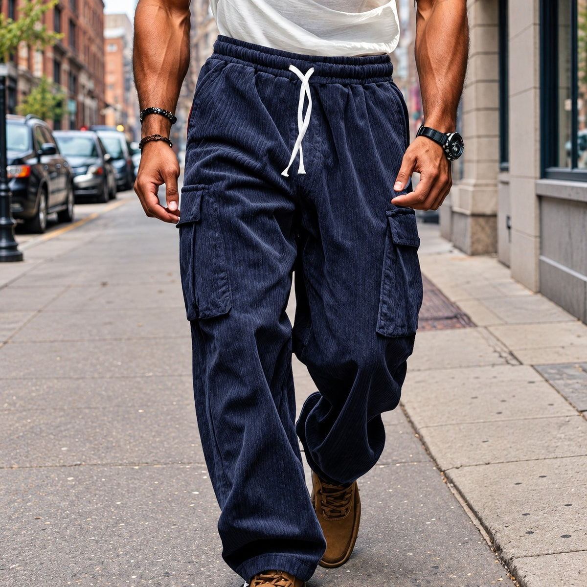 Pantalones cargo para hombre - Corte recto con cintura elástica y cordón ajustable