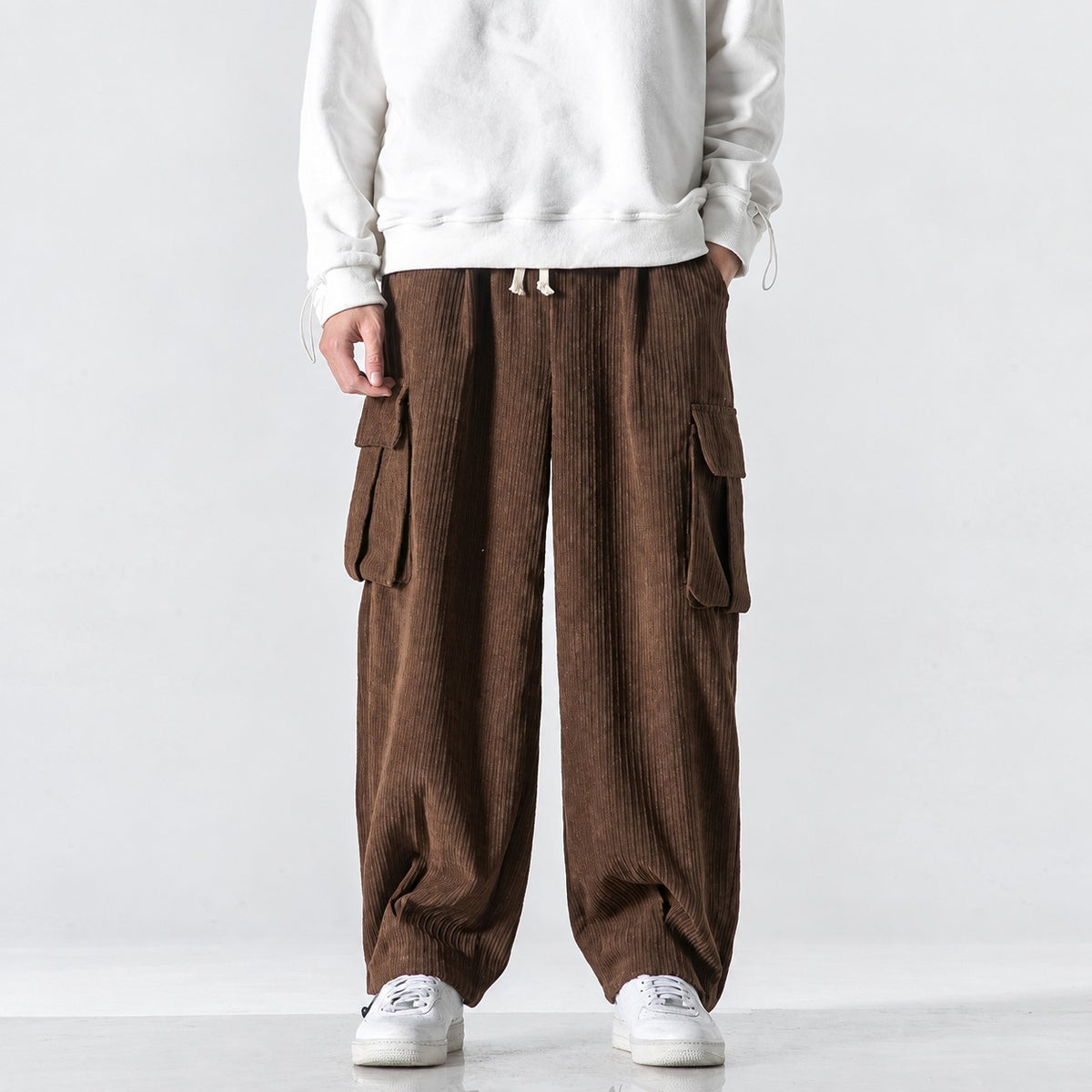 Pantalones cargo para hombre de corte amplio cintura elástica bolsillos laterales