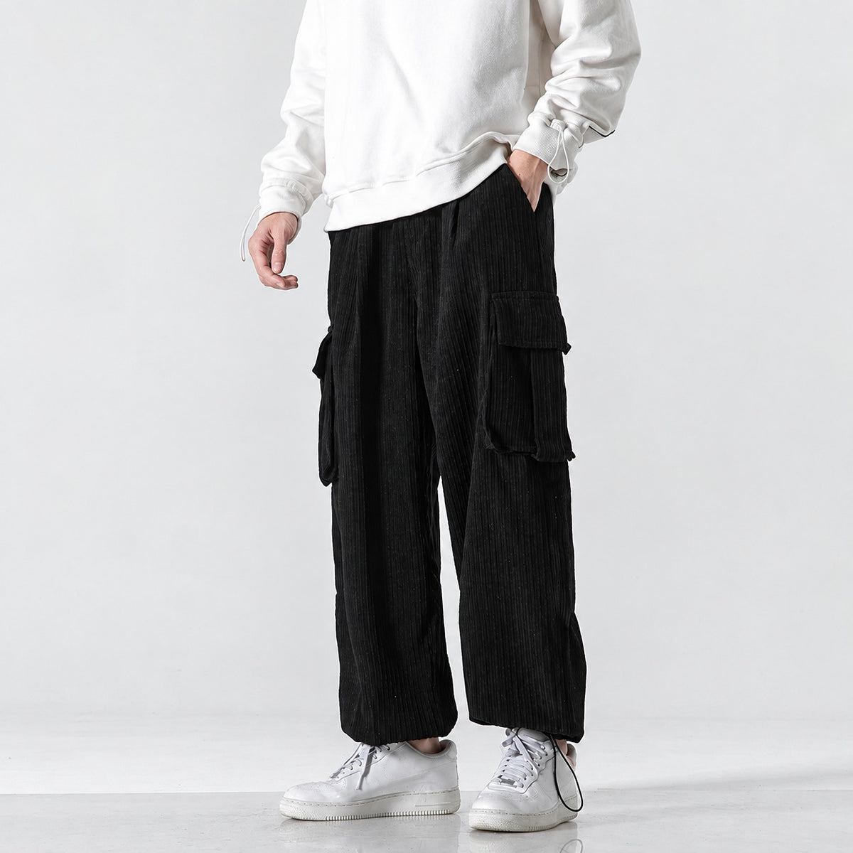 Pantalones cargo para hombre de corte amplio cintura elástica bolsillos laterales
