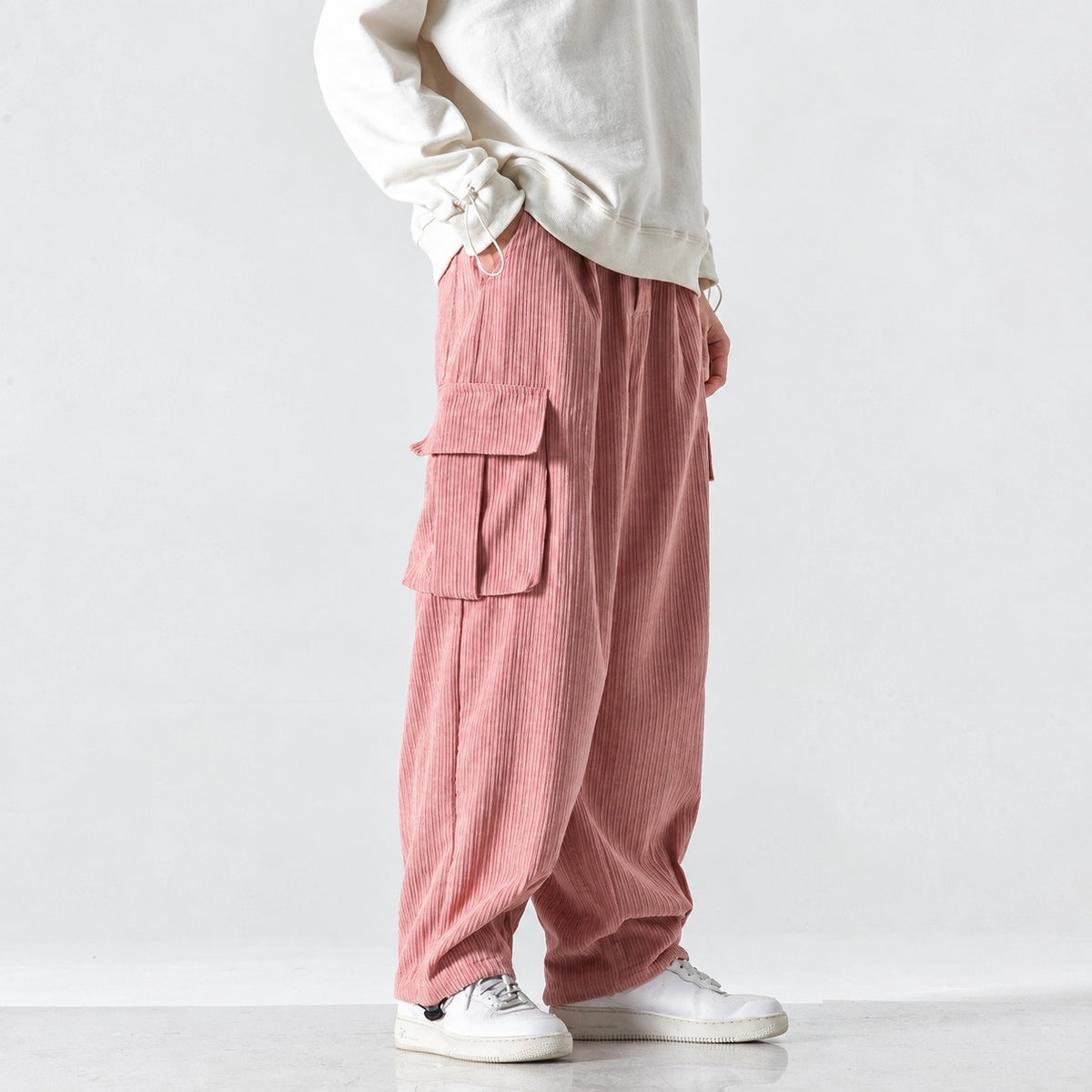 Pantalones cargo para hombre de corte amplio cintura elástica bolsillos laterales