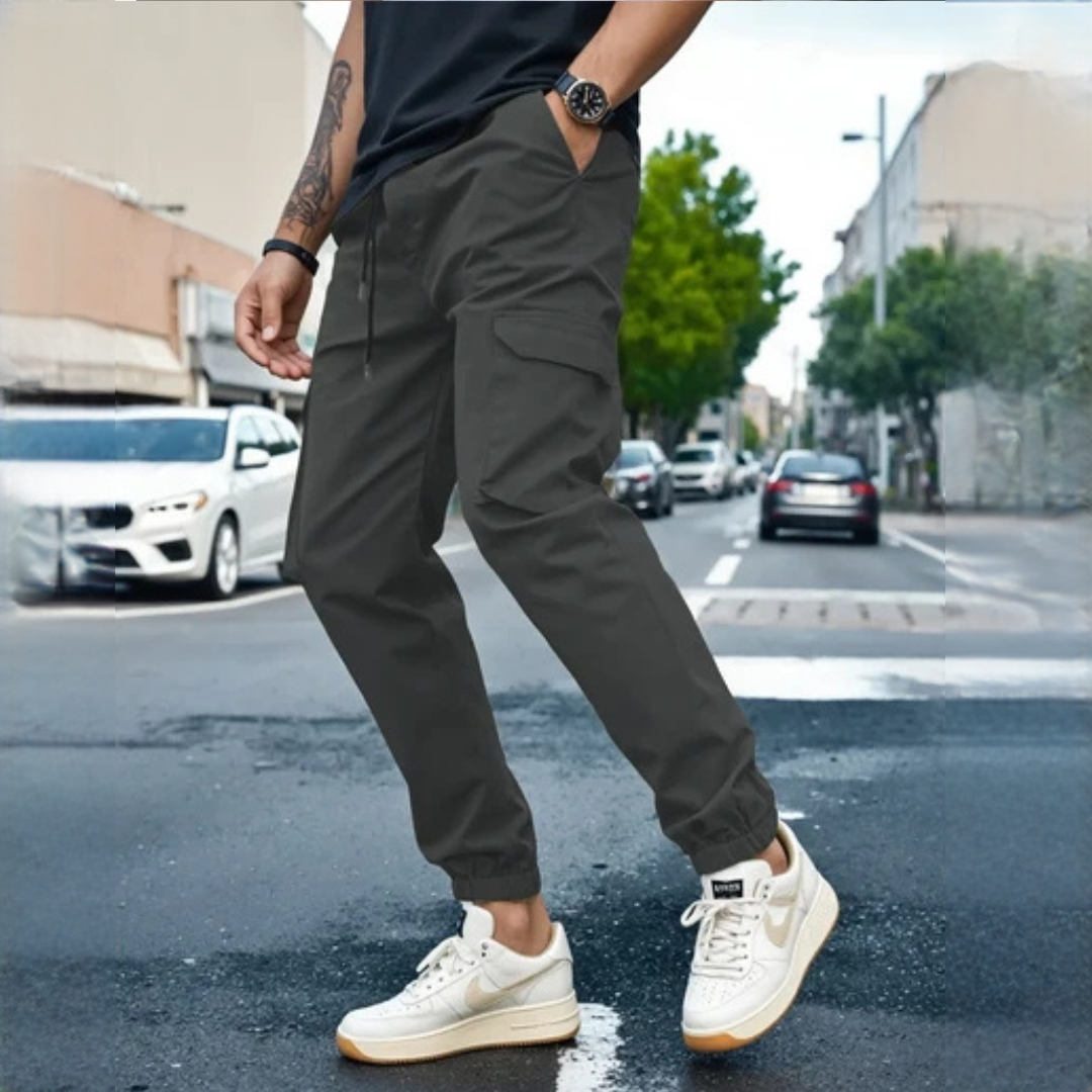 Pantalones cargo para hombre: tiro ajustable con cinturón externo y puños elásticos