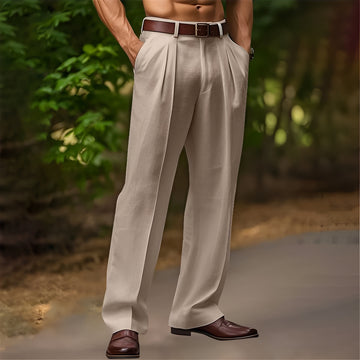 Pantalones casuales para hombre con pliegues corte relajado pierna ancha estilo versátil