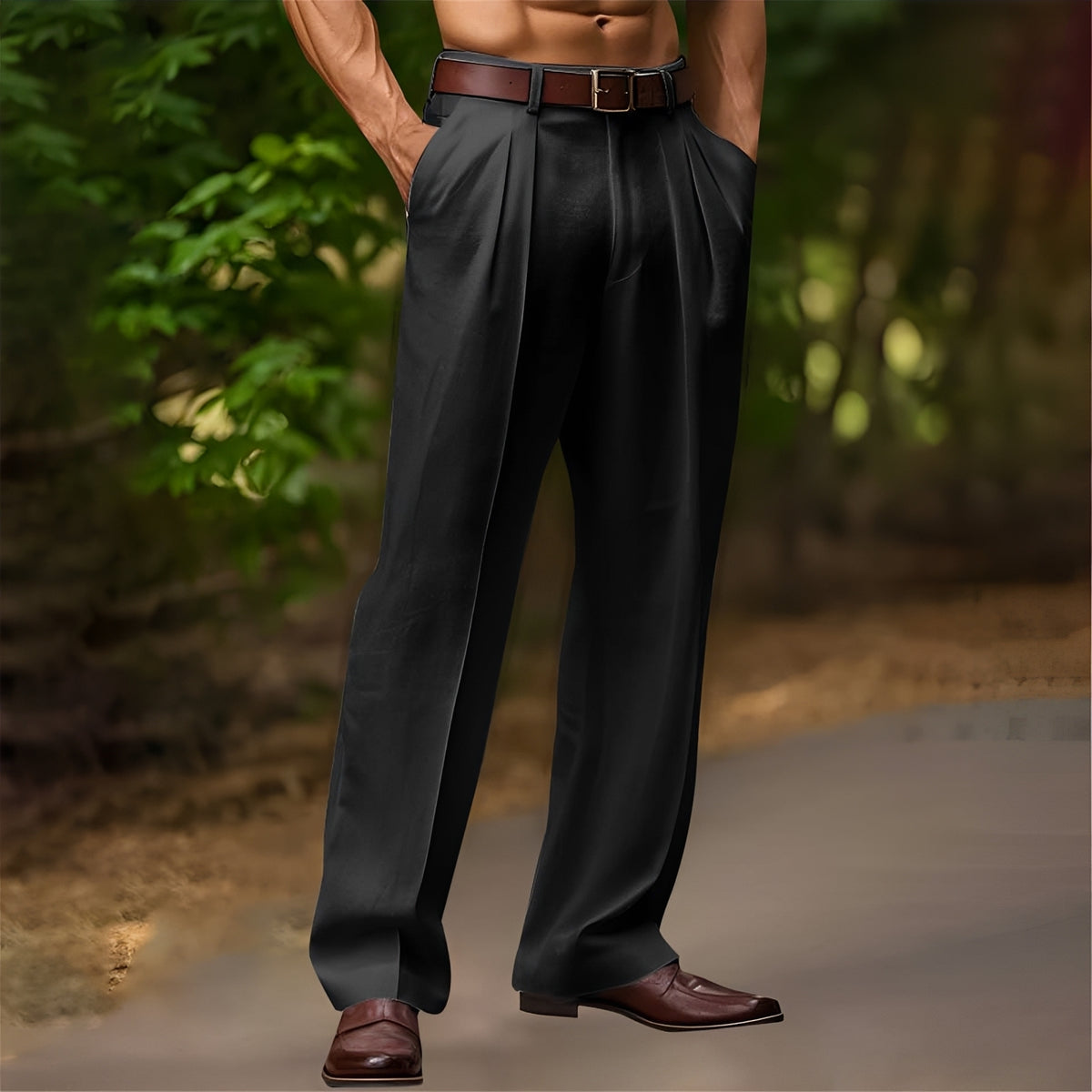 Pantalones casuales para hombre con pliegues corte relajado pierna ancha estilo versátil