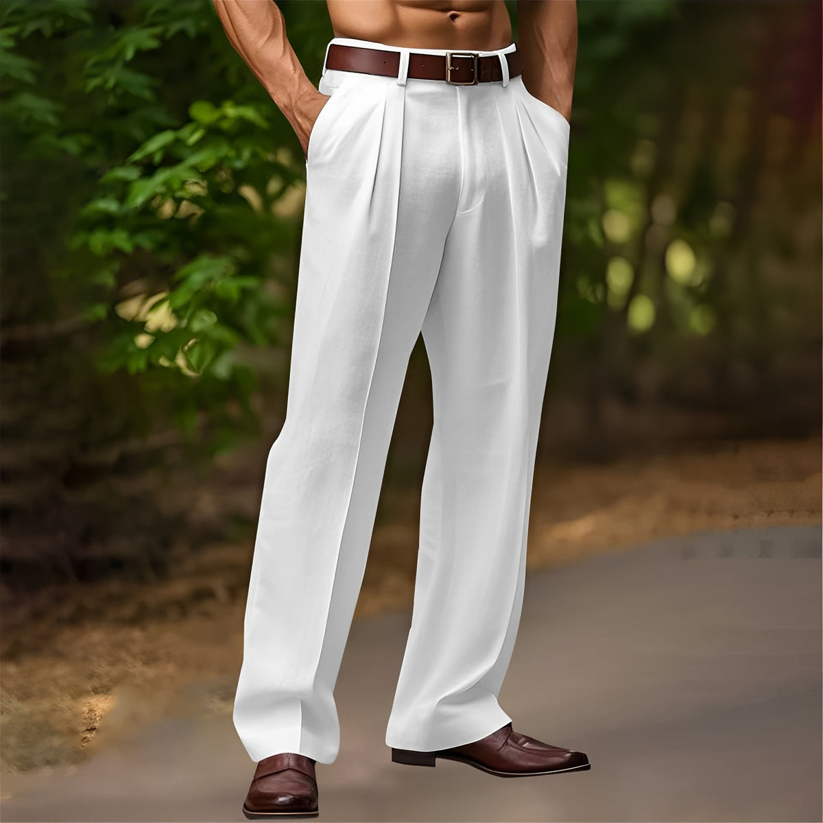Pantalones casuales para hombre con pliegues corte relajado pierna ancha estilo versátil