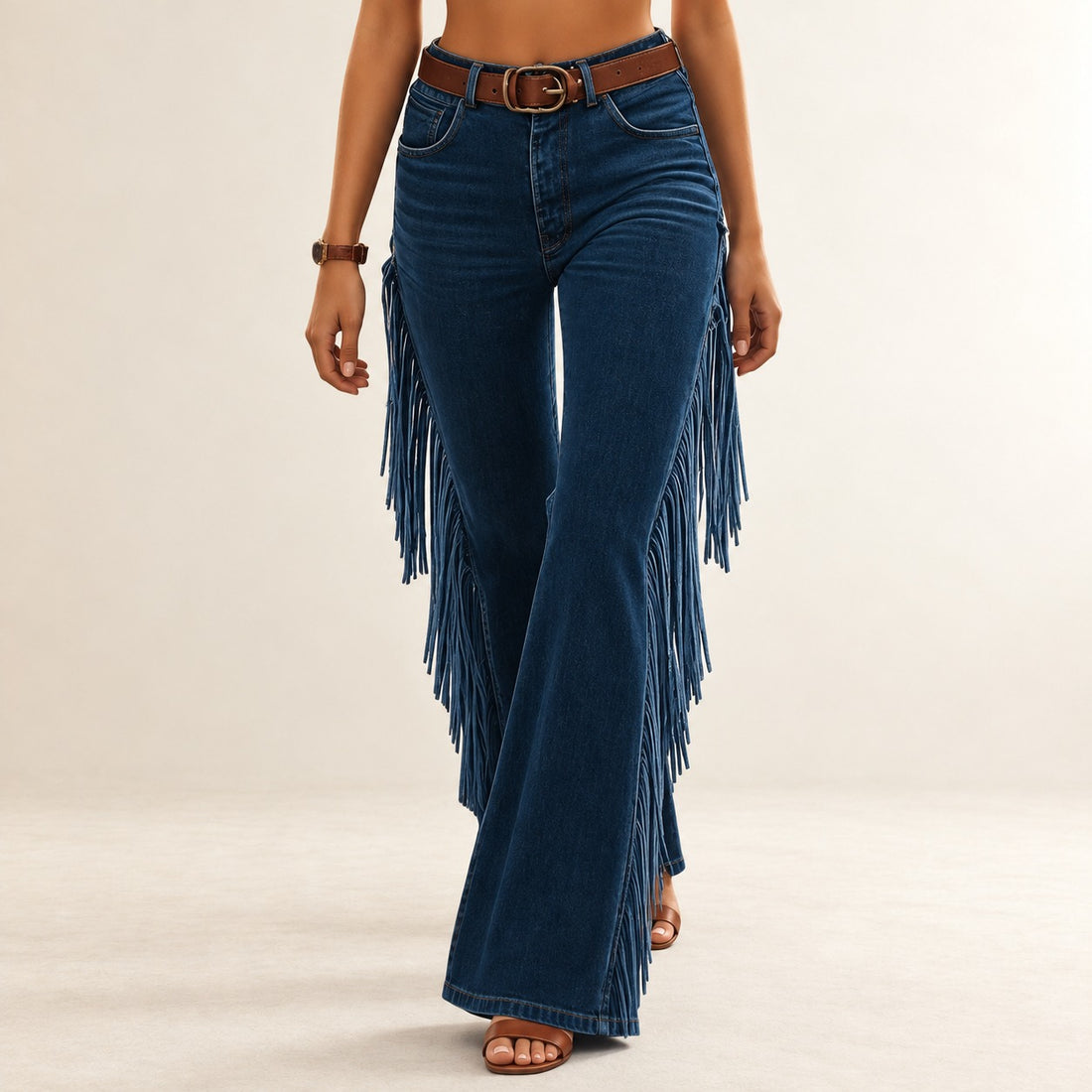 Pantalones de campana mujer con diseño de flecos y corte holgado