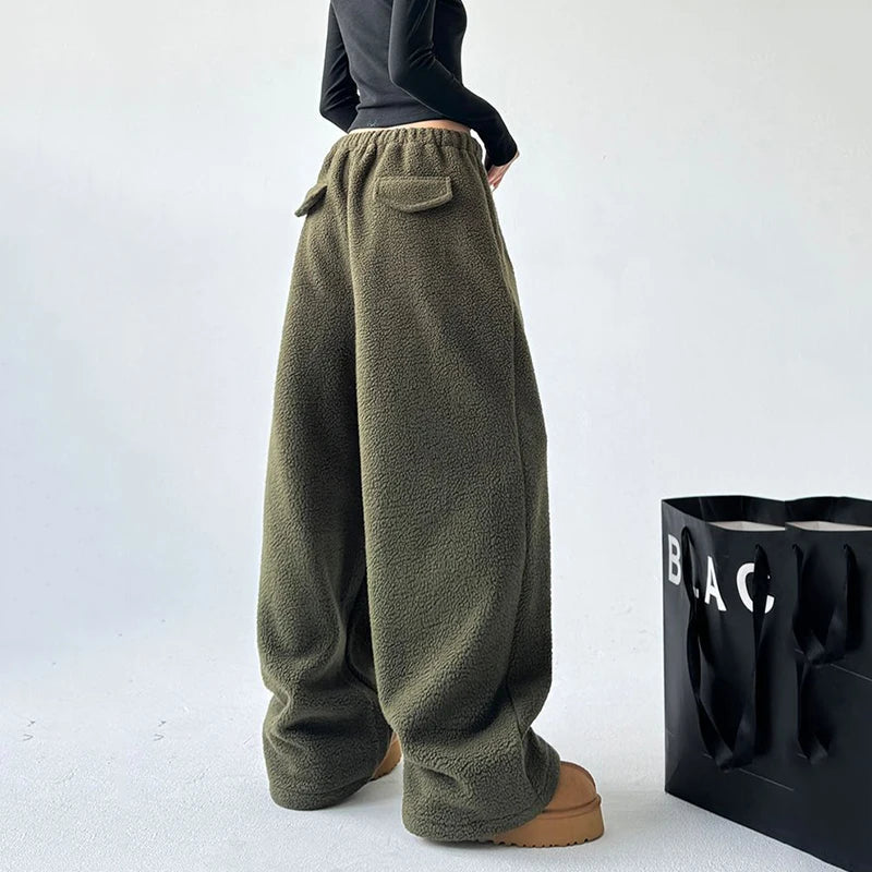 Pantalones de chándal mujer de pierna ancha con cinturilla de cordón y bolsillos