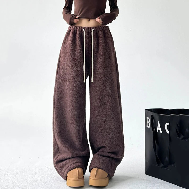 Pantalones de chándal mujer de pierna ancha con cinturilla de cordón y bolsillos