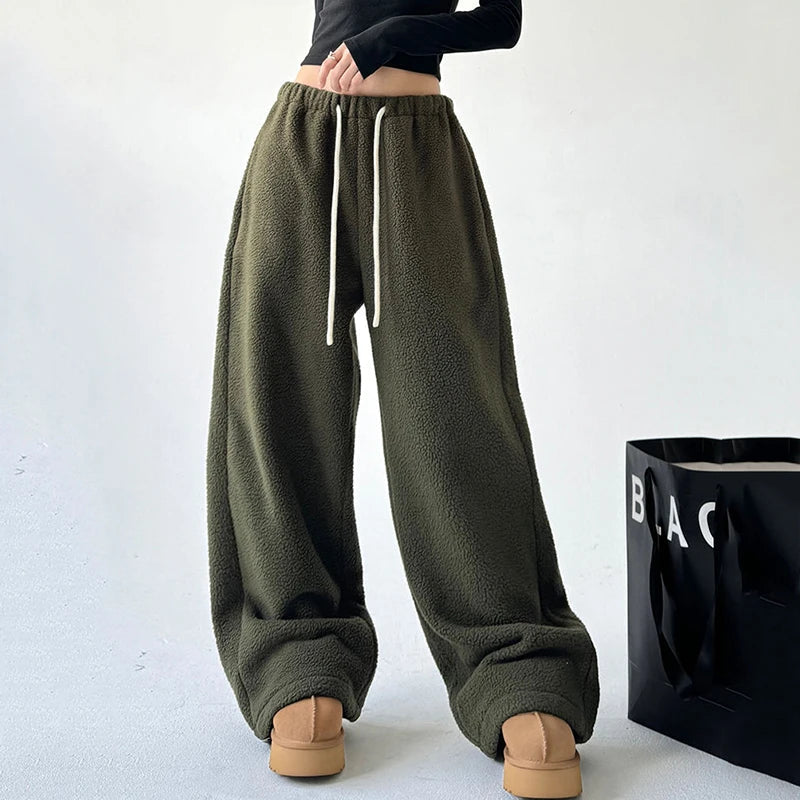 Pantalones de chándal mujer de pierna ancha con cinturilla de cordón y bolsillos