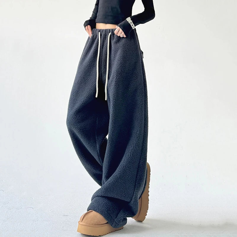 Pantalones de chándal mujer de pierna ancha con cinturilla de cordón y bolsillos