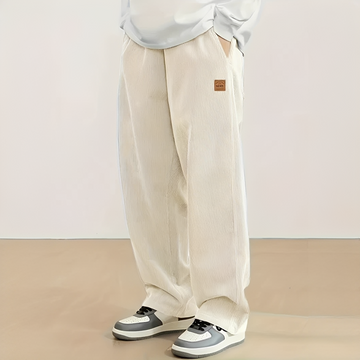 Pantalones de hombre con cordón ajustable y abertura recta relajada - bolsillos laterales y traseros, textura acanalada