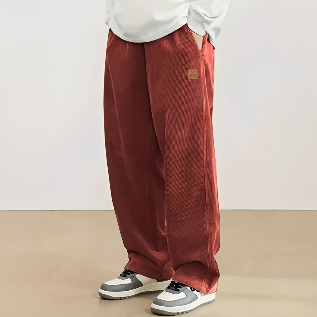 Pantalones de hombre con cordón ajustable y abertura recta relajada - bolsillos laterales y traseros, textura acanalada