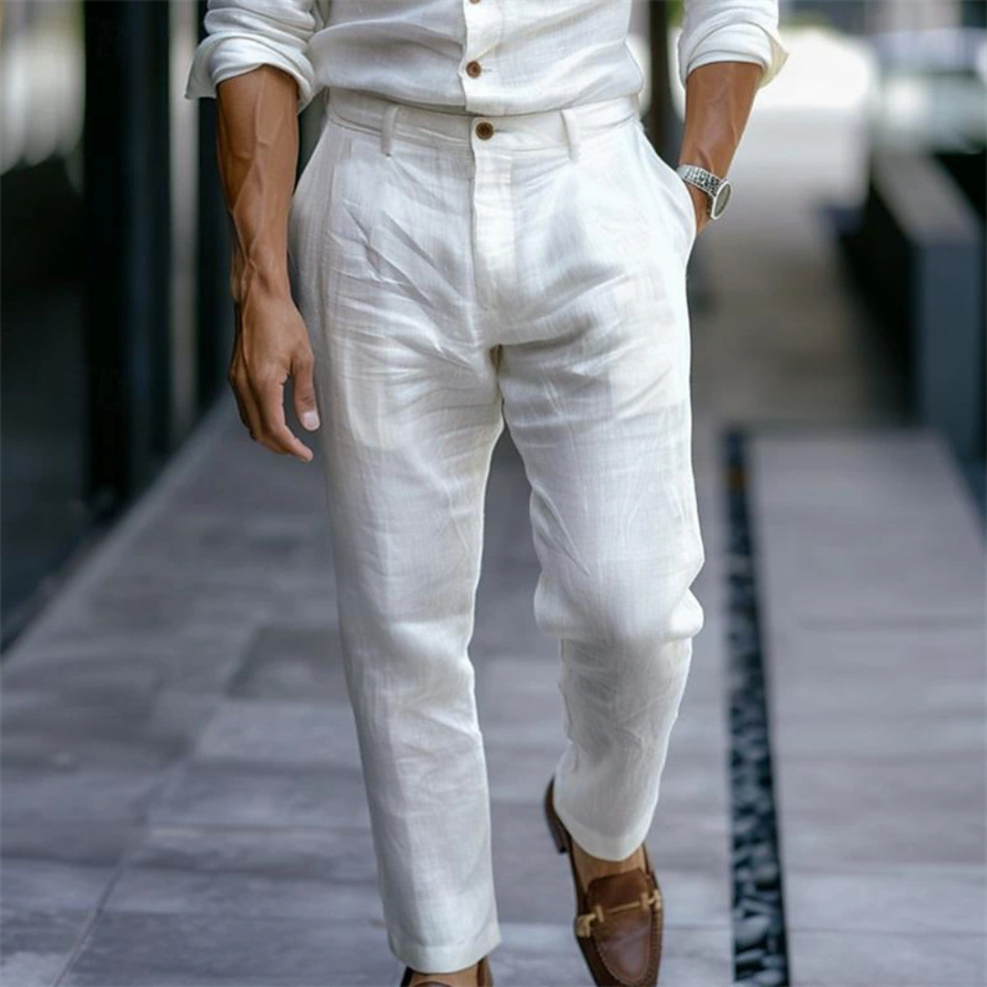 Pantalones de hombre con pliegue delantero, tiro medio y dobladillo estrecho