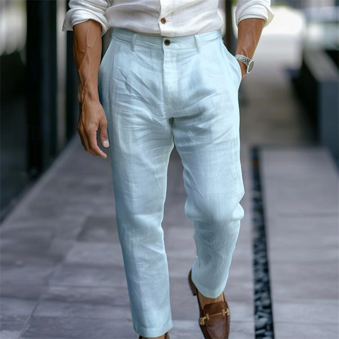 Pantalones de hombre con pliegue delantero, tiro medio y dobladillo estrecho
