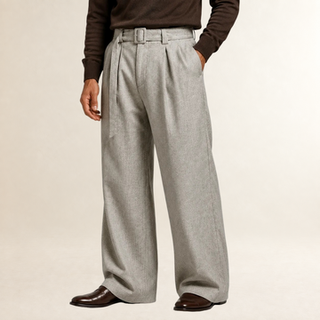 Pantalones de Hombre de Pierna Ancha con Pliegues y Cinturón - Corte Entallado