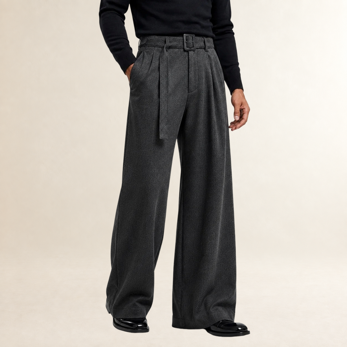 Pantalones de Hombre de Pierna Ancha con Pliegues y Cinturón - Corte Entallado