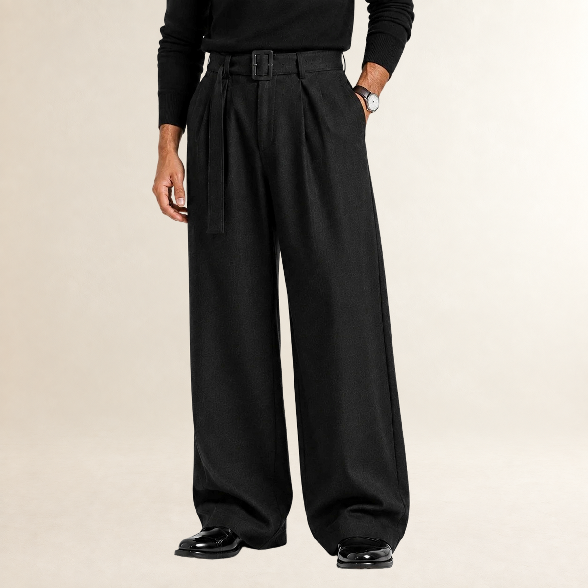 Pantalones de Hombre de Pierna Ancha con Pliegues y Cinturón - Corte Entallado