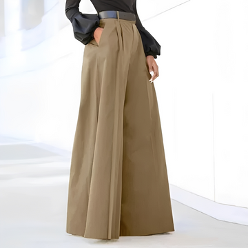Pantalones de mujer de pierna ancha cintura alta pliegues con bolsillos