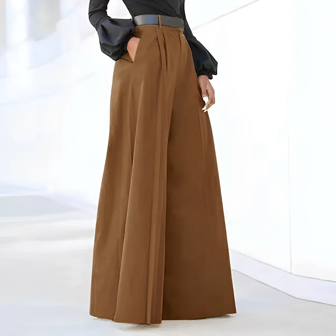 Pantalones de mujer de pierna ancha cintura alta pliegues con bolsillos