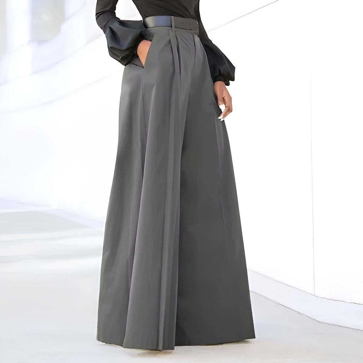 Pantalones de mujer de pierna ancha cintura alta pliegues con bolsillos