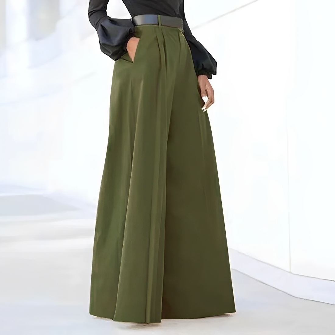 Pantalones de mujer de pierna ancha cintura alta pliegues con bolsillos