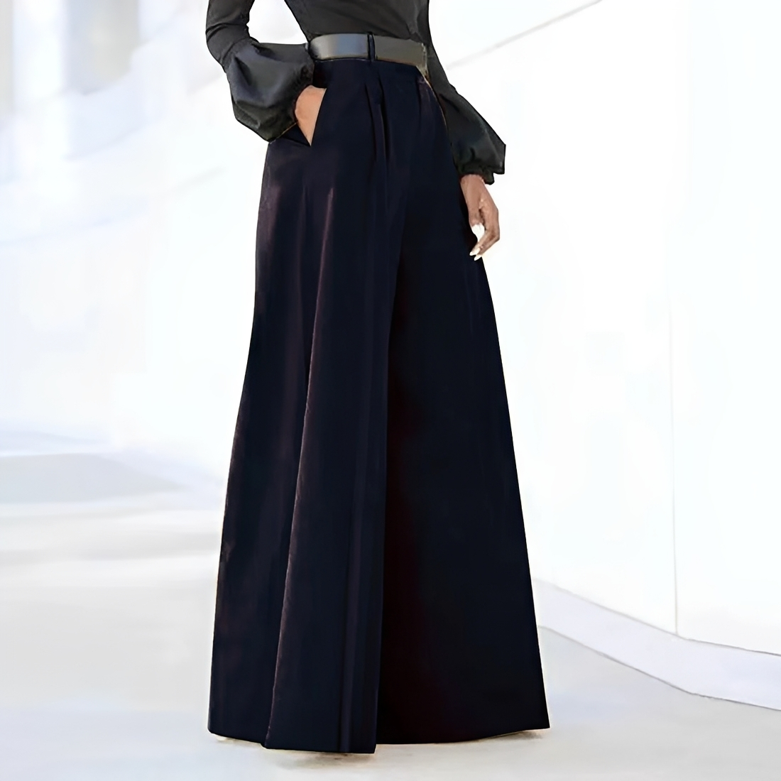 Pantalones de mujer de pierna ancha cintura alta pliegues con bolsillos