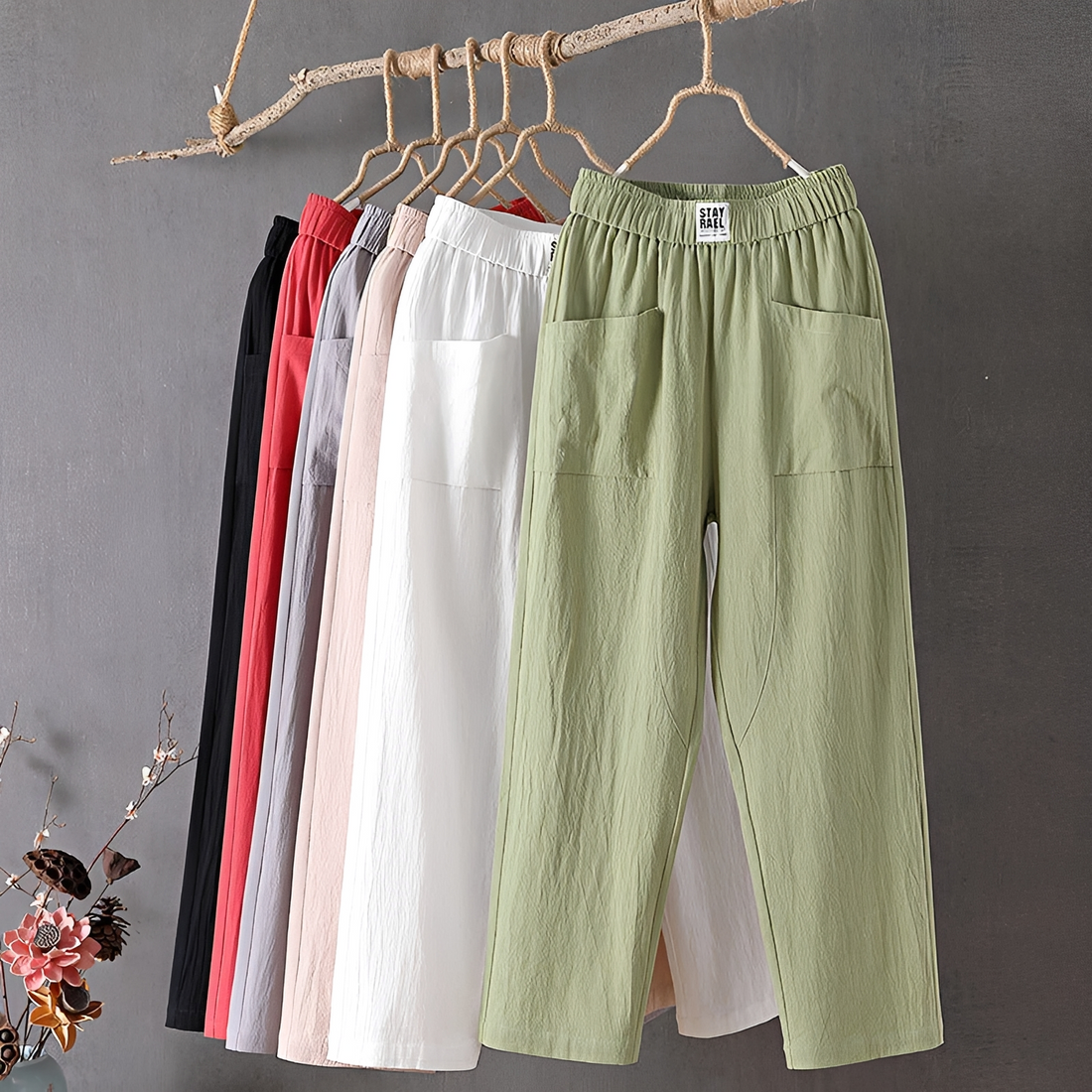 Pantalones de mujer de pierna ancha con tiro elástico y bolsillos frontales, 7/8 corto