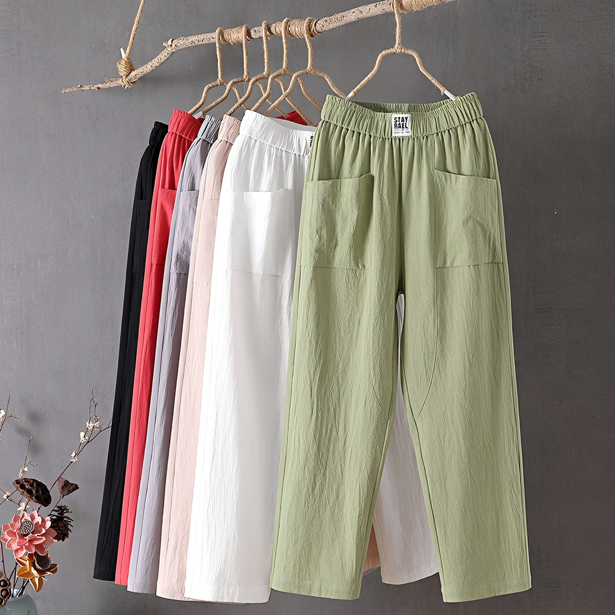 Pantalones de mujer de pierna ancha con tiro elástico y bolsillos frontales, 7/8 corto
