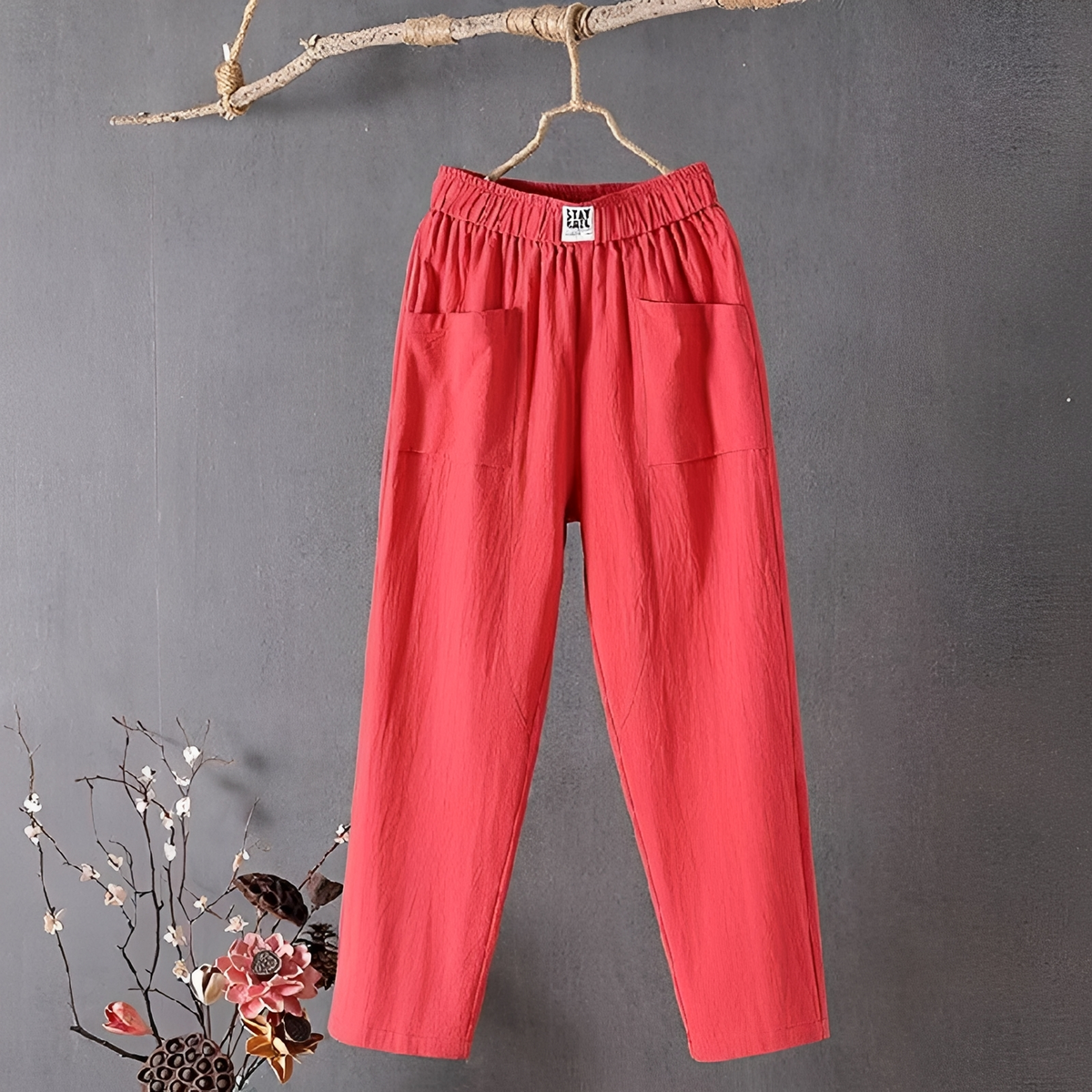 Pantalones de mujer de pierna ancha con tiro elástico y bolsillos frontales, 7/8 corto