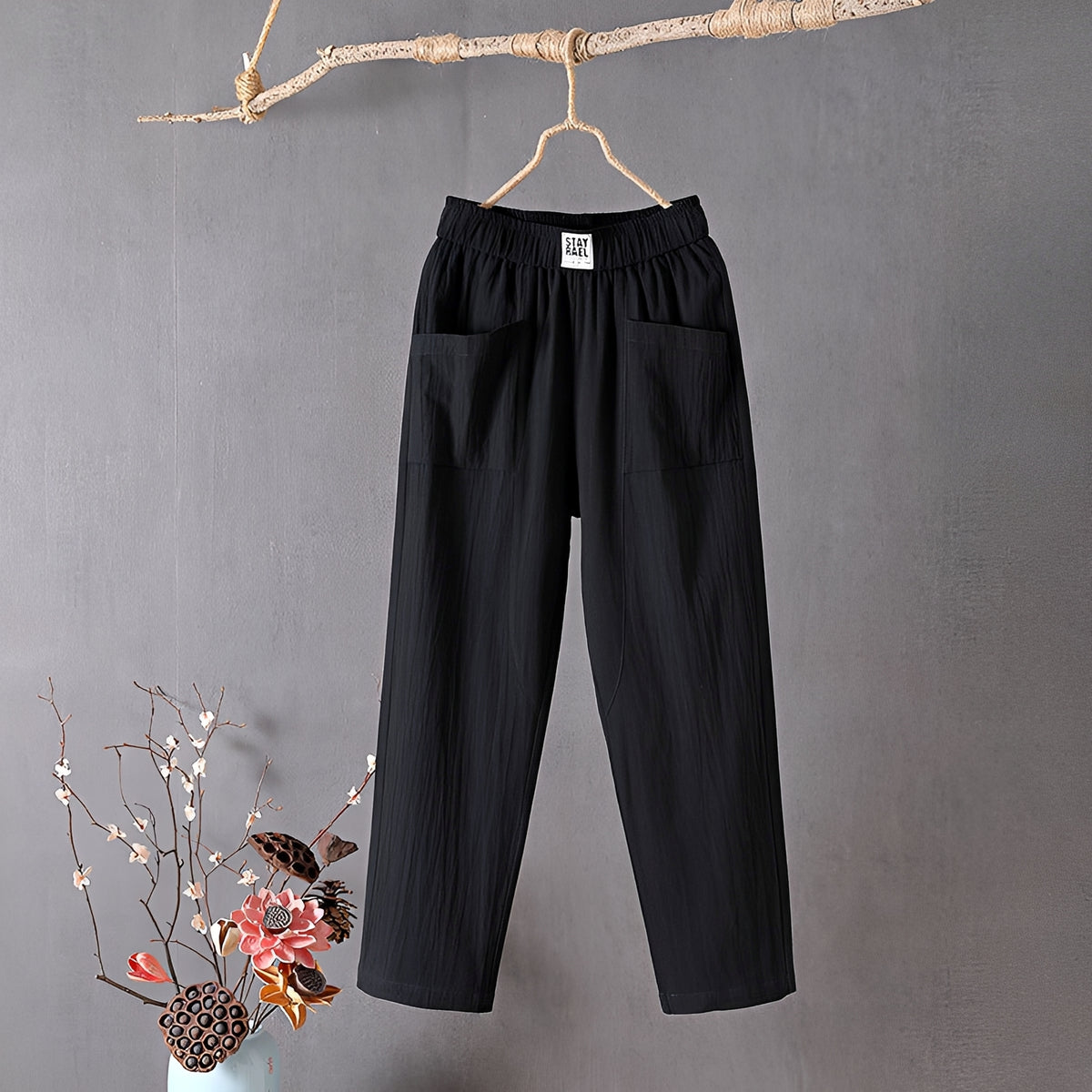 Pantalones de mujer de pierna ancha con tiro elástico y bolsillos frontales, 7/8 corto