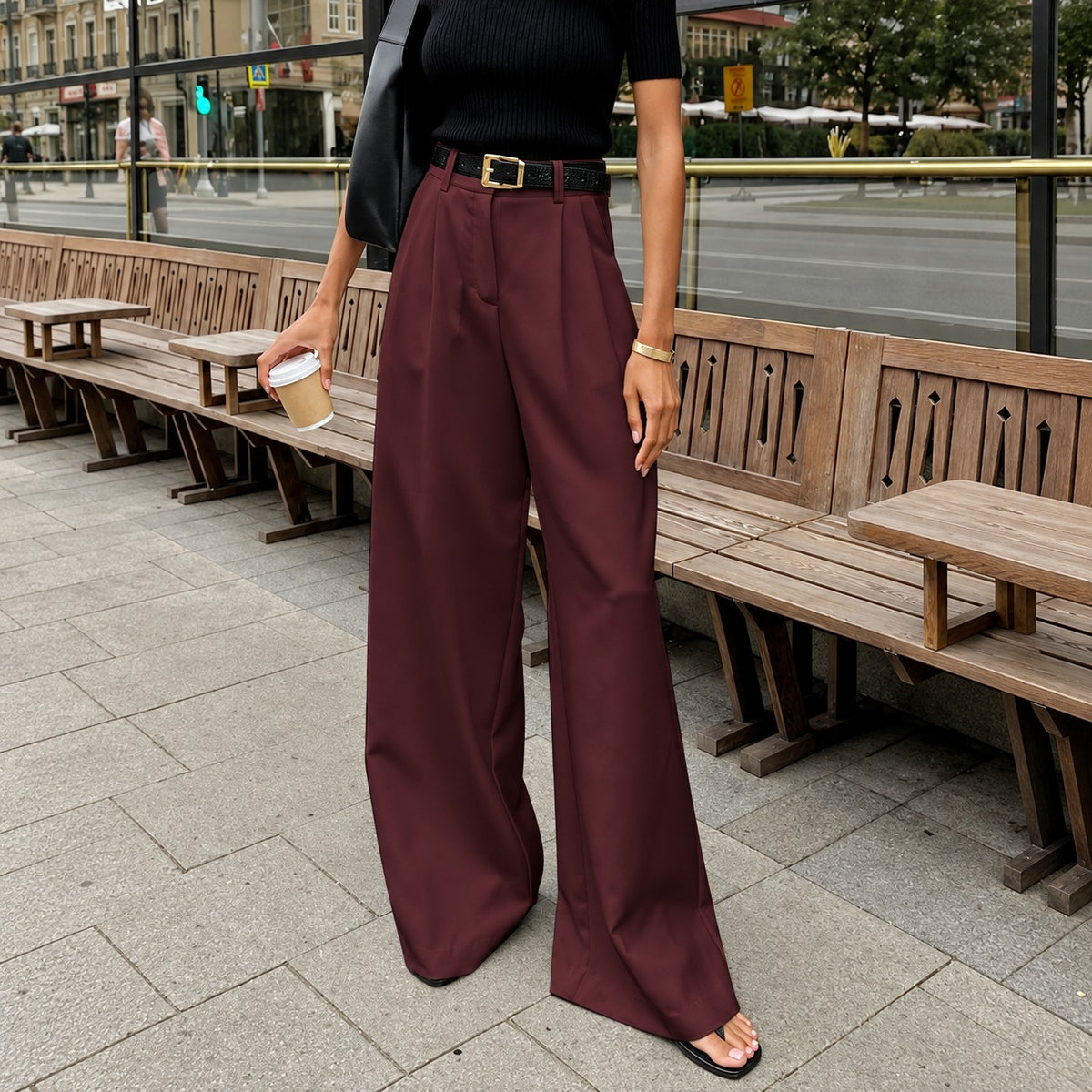 Pantalones de mujer de pierna ancha de tiro alto con pliegues y corte recto