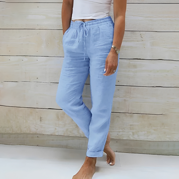 Pantalones de mujer rectos relajados con cinturilla elástica y cordón, bolsillos laterales y largo tobillo