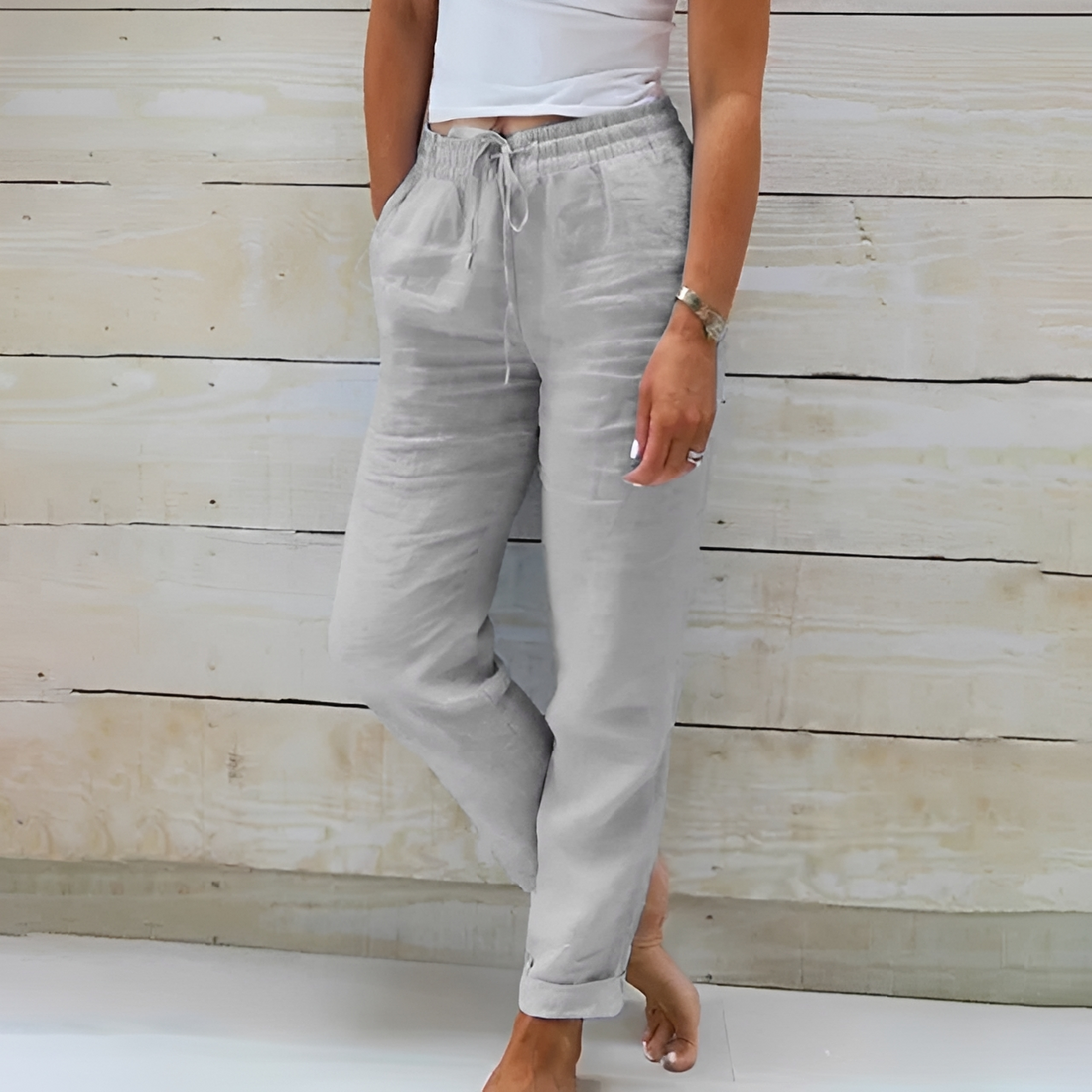 Pantalones de mujer rectos relajados con cinturilla elástica y cordón, bolsillos laterales y largo tobillo